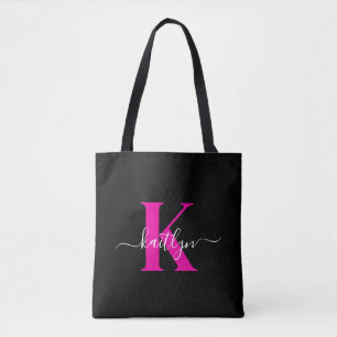 Elegant svart hot pink scriptmonogram tygkasse