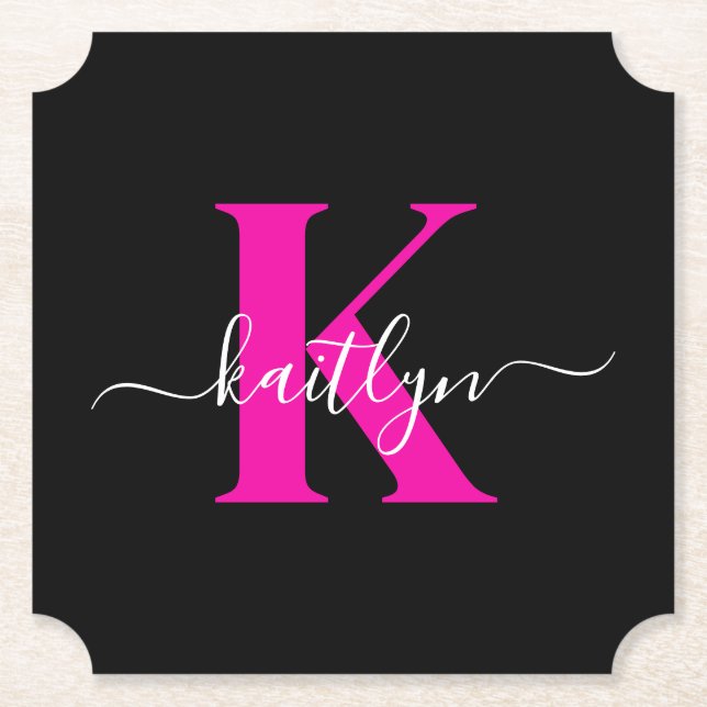 Elegant svart hot pink scriptmonogram underlägg papper (Framsida)