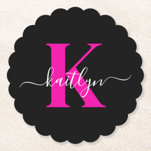 Elegant svart hot pink scriptmonogram underlägg papper