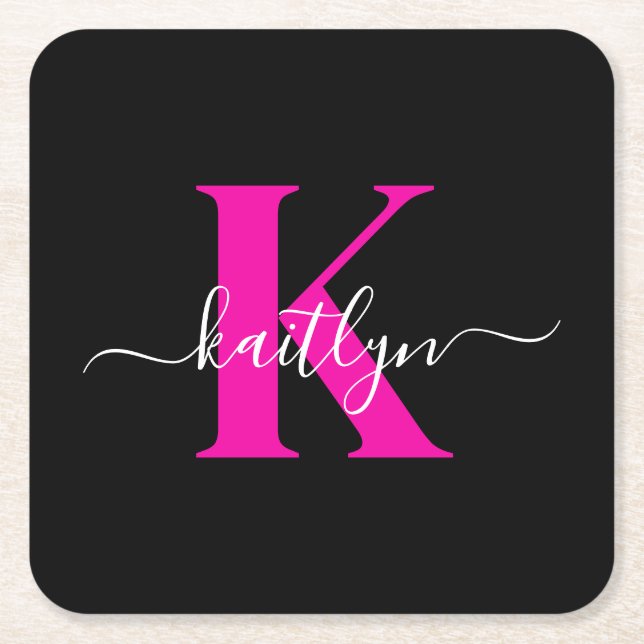 Elegant svart hot pink scriptmonogram underlägg papper kvadrat (Framsidan)