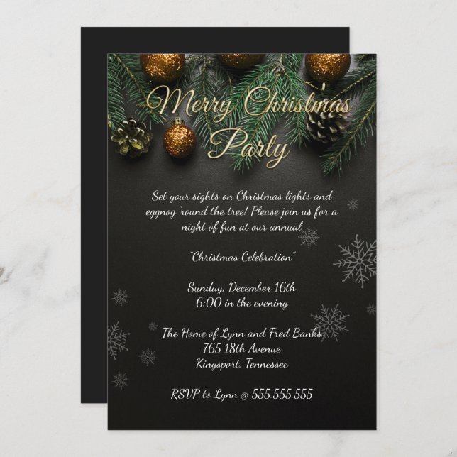 Elegant svart julfest inbjudningar (Fram/baksida)