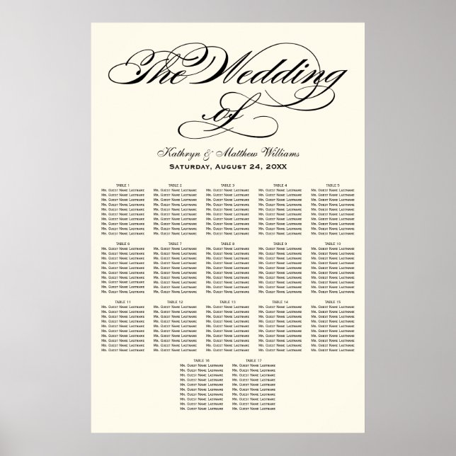 Elegant svart kalligrafi bröllops sittplatskarta poster (Framsidan)