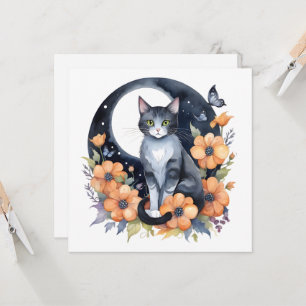 Elegant Svart Katt Blommig Mån Konst Katt Älskare Inbjudningar