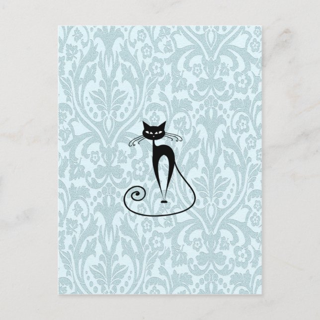Elegant svart katt damask vintage vykort (Framsida)