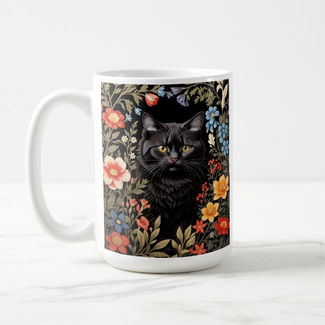 Elegant Svart Katt Färgrik Blommig Kaffemugg (Vänster)