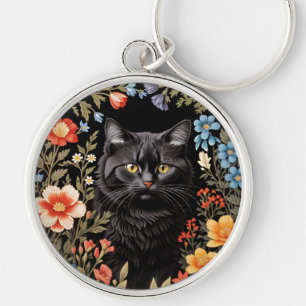 Elegant Svart Katt Färgrik Blommig Rund Silverfärgad Nyckelring