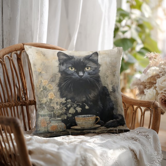 Elegant svart katt kudde (Shabby Chic Black Cat Throw Pillow)