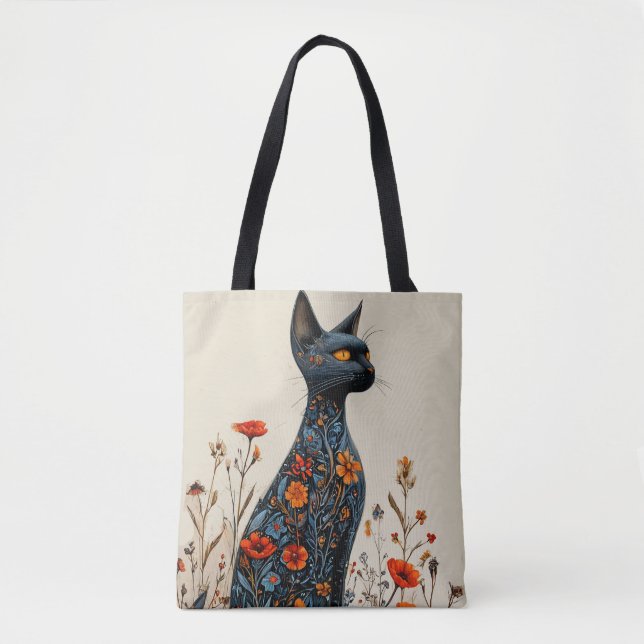 Elegant svart katt med blommor Estetisk Tygkasse (Framsida)