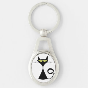 Elegant svart katt minimalistisk konst ovalt silverfärgad nyckelring