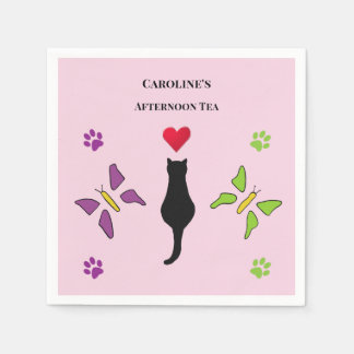 Elegant svart katt och fjärilar Rosa eftermiddagst Pappersservett