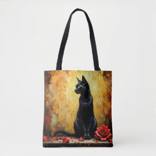 Elegant svart katt och röd ros Tygkasse