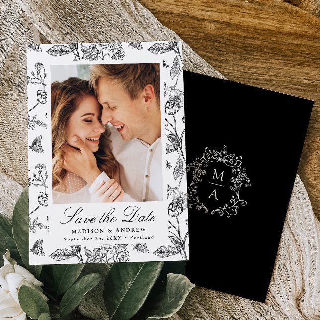Elegant svart kineseri blomfoto bröllop spara datumet (Skapare uppladdad)