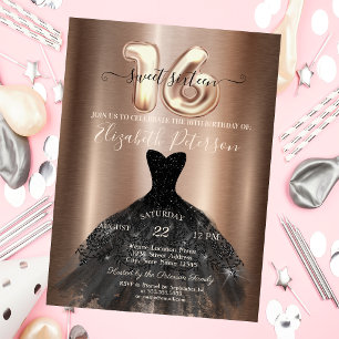 Elegant svart klänning metallisk Sweet 16-fest  Inbjudningar