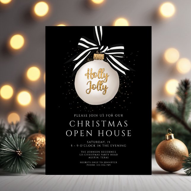 Elegant svart kulle jul öppen hus inbjudningar (Elegant Black Bauble Christmas Open House Invitation)