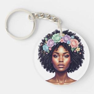 Elegant svart kvinna med blomsterhårband Afro