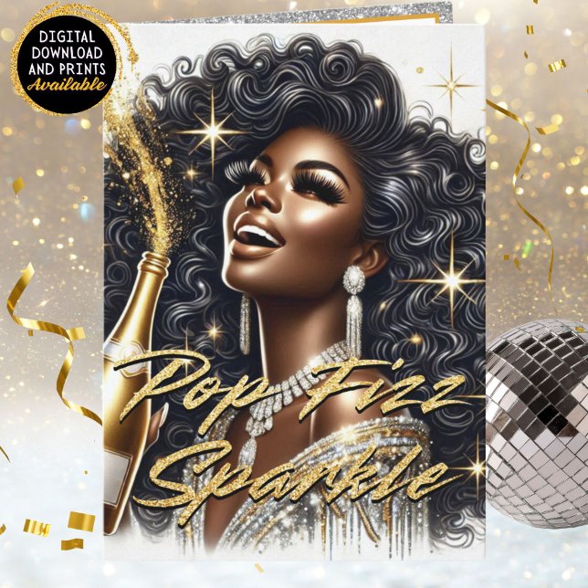 Elegant svart kvinna Svart & Guld Nyår Helgkort (A glamorous Black woman with natural hair wearing a silver and gold outfit, popping champagne)