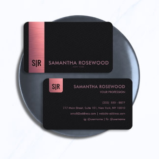 Elegant svart läder & borstad rosa stapelmonogram visitkort