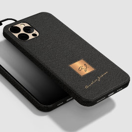 Elegant svart läder guld monogrammat skript namn