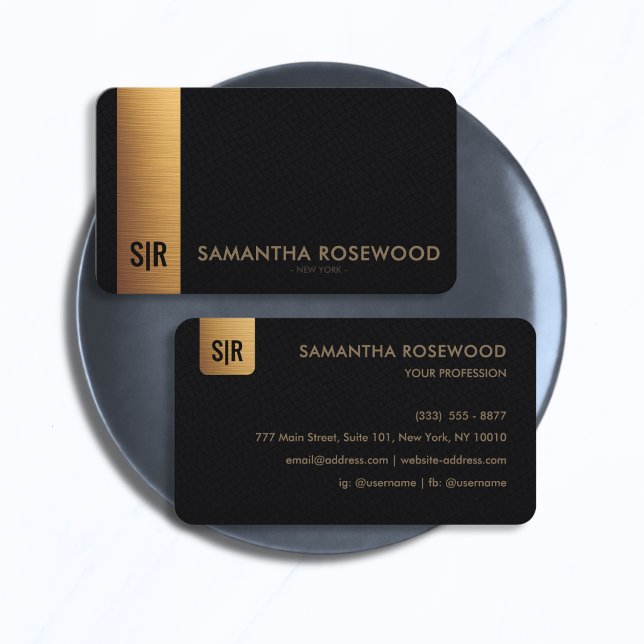 Elegant svart läder & guld stapelmonogram  visitkort (Skapare uppladdad)