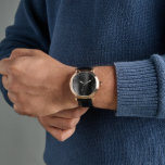 Elegant svart läderrem för herrar armbandsur<br><div class="desc">Elegant svart läderrem herrklocka med roséguldaccentuer, en borstad metallstils urtavla och vita siffror.</div>