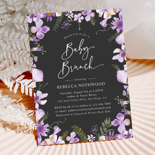 Elegant svart lila blomsterträdgård babybrunch inbjudningar (Skapare uppladdad)