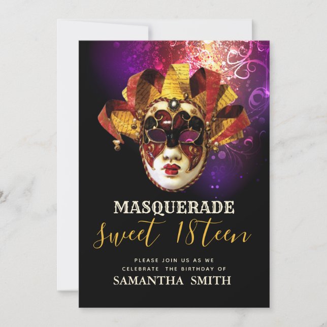 Elegant svart lila guld maskerad inbjudan (Framsida)