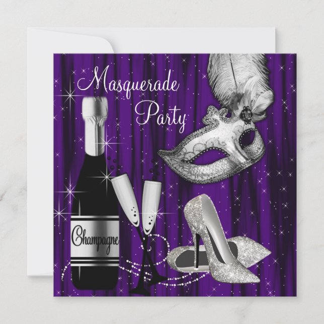 Elegant svart lila maskeradfest inbjudningar (Framsida)