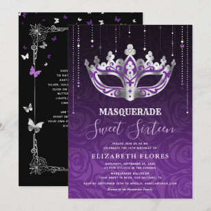 Elegant svart lila silver maskerad Sweet 16 Inbjudningar