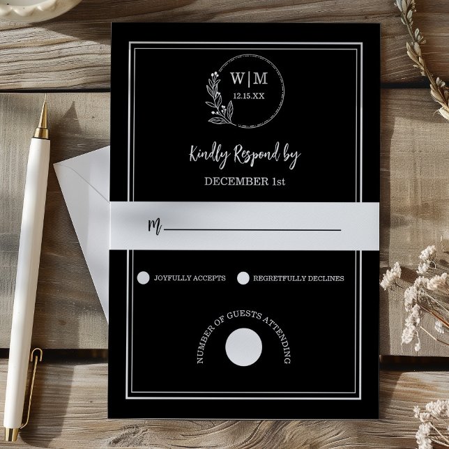 Elegant svart linjedragning monogram bröllop OSA kort (Elegant Black Line Drawing Monogram Wedding RSVP Card)