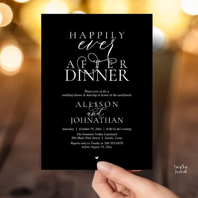 Elegant svart lyckligt för evigt efter middagen br inbjudningar (Classy Black Happily Ever After Dinner Modern Script Wedding Invitation Card)