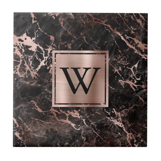 Elegant svart marmor roséguld monogram kakelplatta (Framsidan)