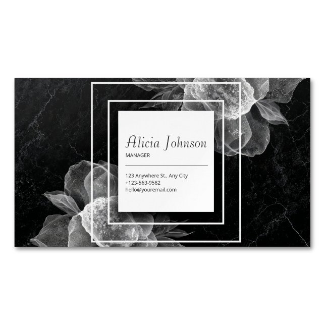 Elegant Svart Marmor Vit Blommig Fyrkant Modern Magnetiska Visitkort (Framsida)