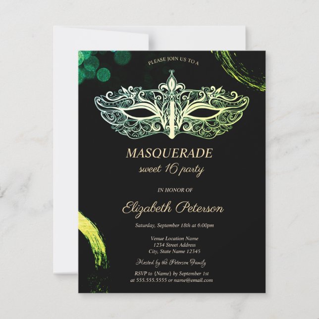 Elegant svart maskerad, Chic mask Sweet 16 Inbjudningar (Framsida)