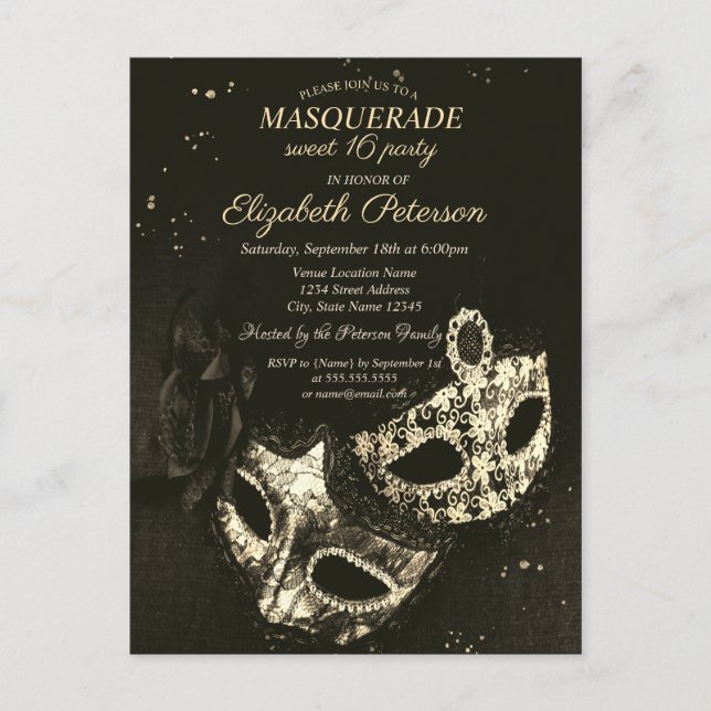 Elegant svart maskerad, Mask söta 16 Inbjudan Vykort (Framsida)