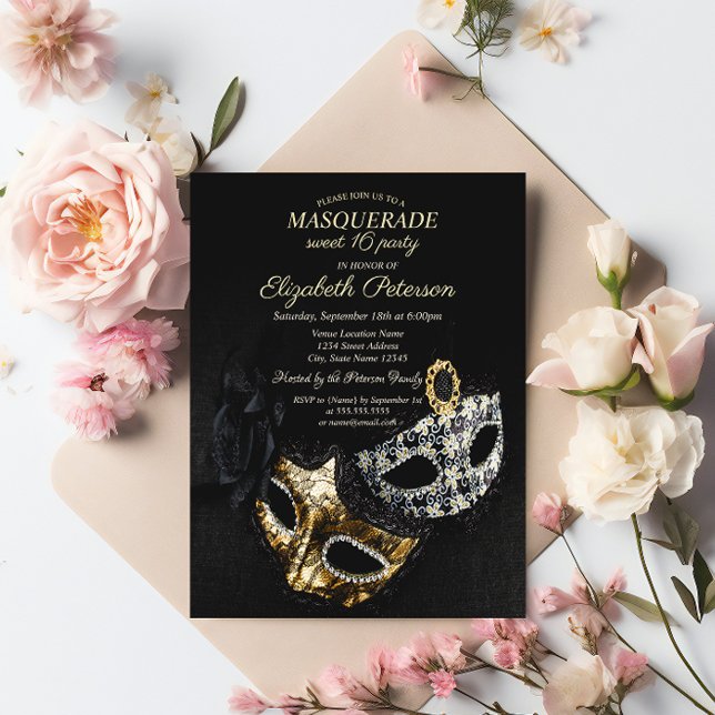 Elegant svart maskerad, Mask söta 16 Inbjudan Vykort (Skapare uppladdad)