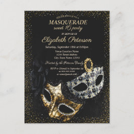 Elegant svart maskerad, Maskerad Konfetti Sweet 16 Inbjudan Vykort
