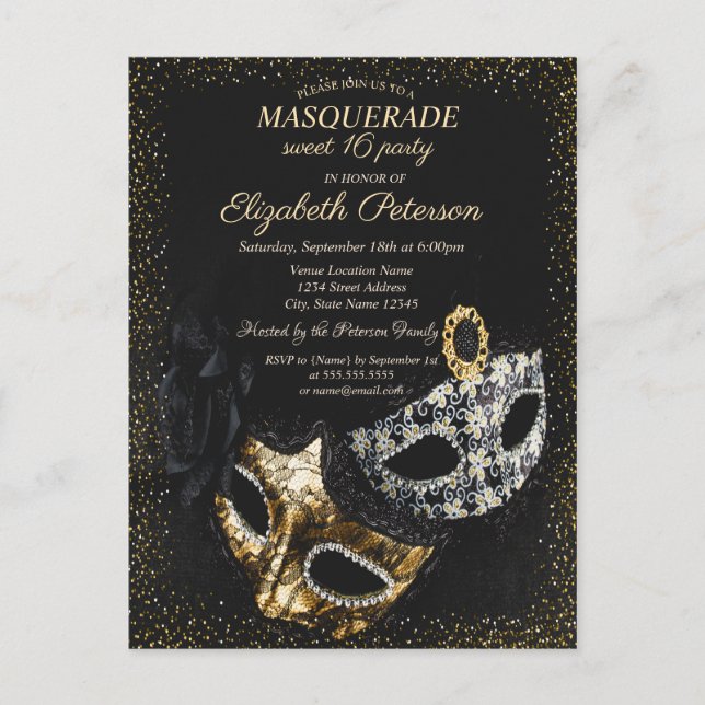 Elegant svart maskerad, Maskerad Konfetti Sweet 16 Inbjudan Vykort (Framsida)