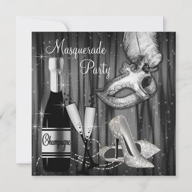 Elegant svart maskeradbal vita inbjudningar (Framsida)