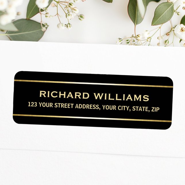 Elegant svart med guld övertoning gräns returadress etikett (Elegant black with gold gradient borders label)