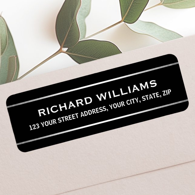 Elegant svart med silver övertoning gräns returadress etikett (Elegant black with silver gradient borders label)