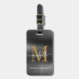 Elegant svart metall guld monogram initial skrift bagagebricka