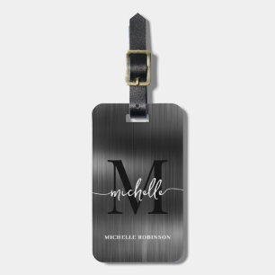 Elegant svart metallmonogram initial skriftstil bagagebricka