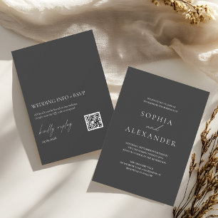 Elegant svart minimalistisk bröllop med RSVP QR-ko Inbjudningar