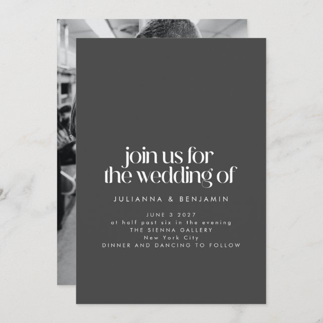 Elegant, svart, minimalistisk, modern foto Bröllop Inbjudningar (Fram/baksida)
