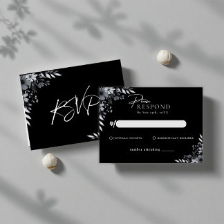 Elegant svart minimalistiskt blomsterbröllop RSVP Anteckningskort