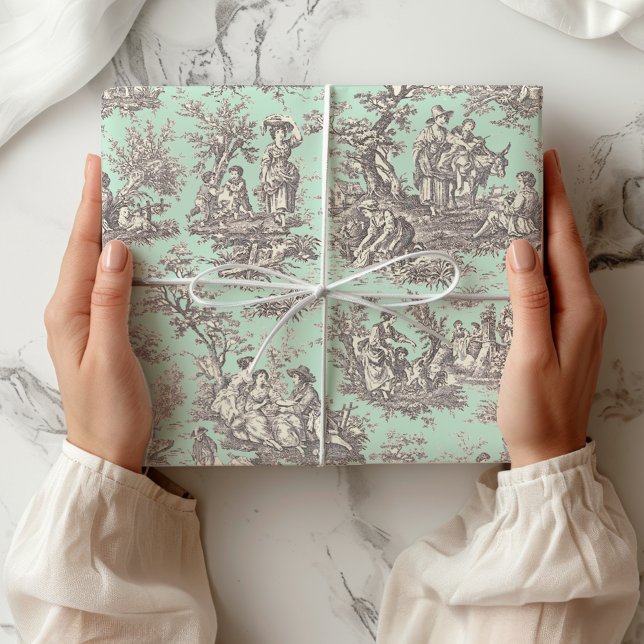 Elegant svart mintgrön fransk toile countryblomma presentpapper (Skapare uppladdad)