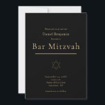 Elegant svart modern Bar Mitzvah i guld Inbjudningar<br><div class="desc">En elegant och modern Bar Mitzvah-inbjudan med guldfärgade text på svart bakgrund och enkel stjärnsmyckning.  Ytterligare matchande eventföremål finns också tillgängliga.</div>