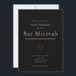 Elegant svart modern Bar Mitzvah i guld Inbjudningar<br><div class="desc">En elegant och modern Bar Mitzvah-inbjudan med guldfärgade text på svart bakgrund och enkel stjärnsmyckning.  Ytterligare matchande eventföremål finns också tillgängliga.</div>