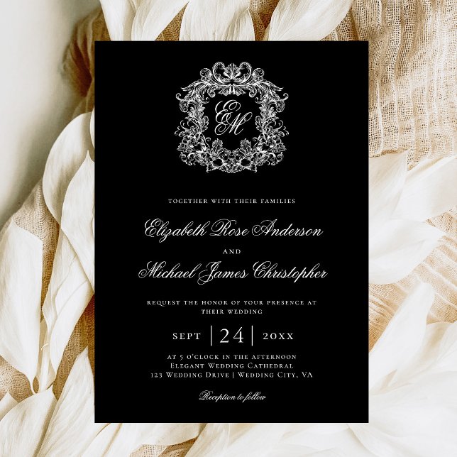 Elegant svart monogram bröllopskrönika inbjudningar (Skapare uppladdad)