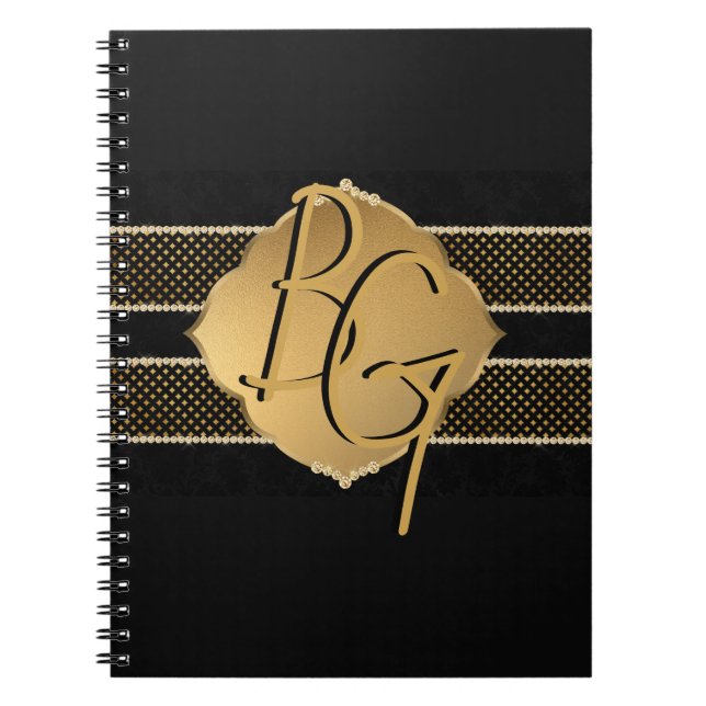 Elegant svart monogramdesign i guld anteckningsbok (Framsidan)